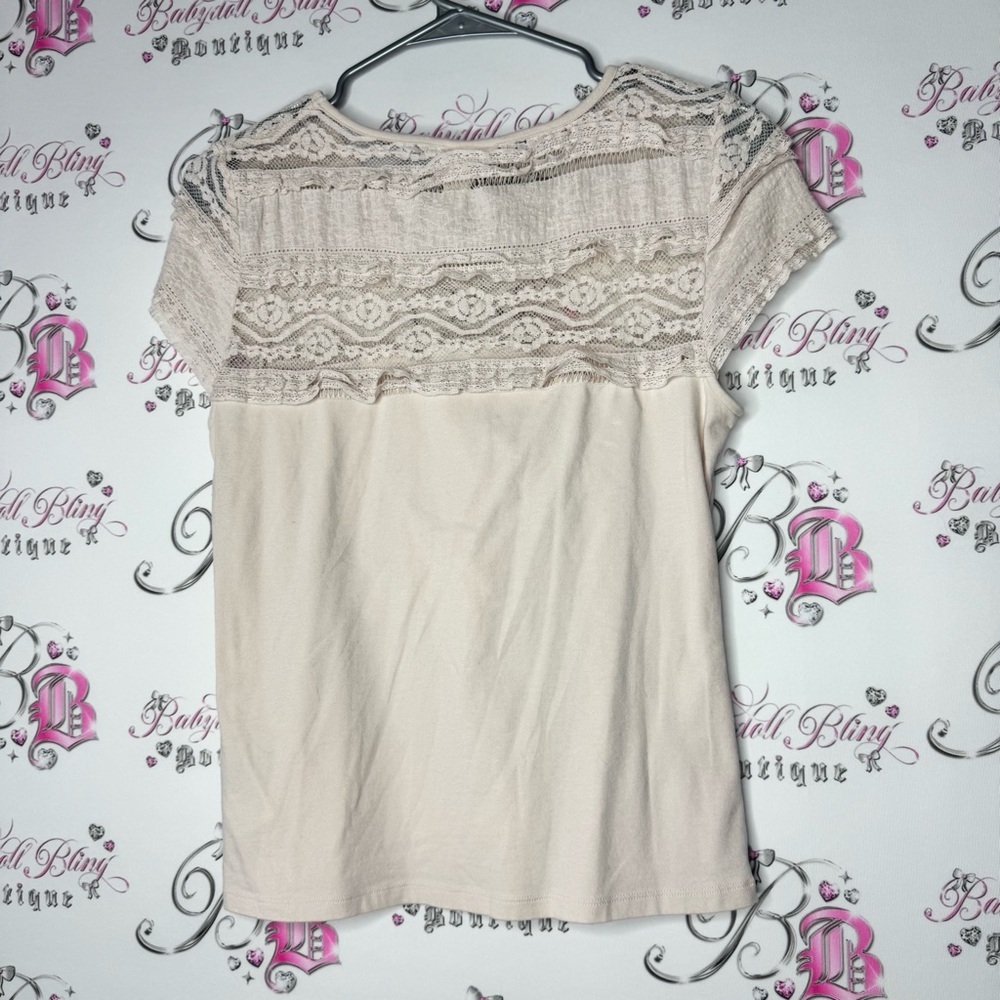 H&M cream lace top stretchy tshirt boho ruffle floral lace accent top area - Picture 5 of 7